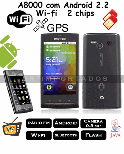 Smartphone Android 2.2 A8000 Dual chip + Tv + GPS + Wifi